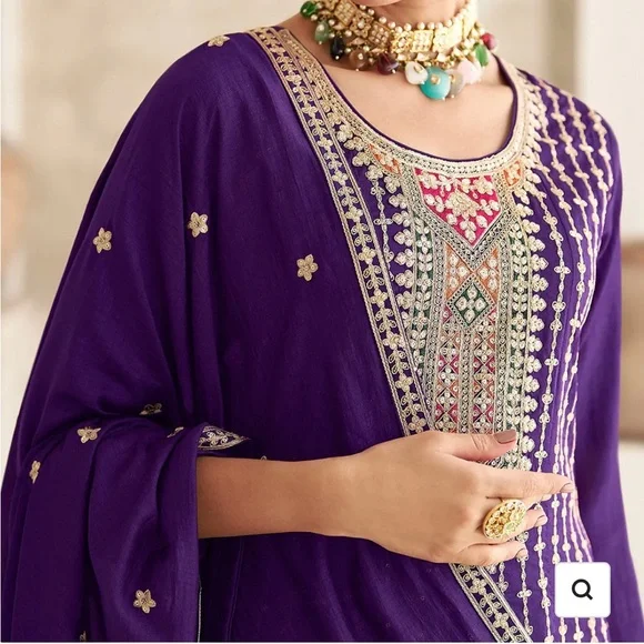 Woman salwar Chinnon Silk Party Wear  Embroidered Suit 44 XXl - Picture 5 of 12